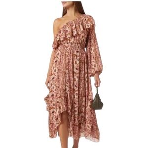 MISA Vola Floral One Shoulder Midi Dress San Lorenzo Flora Pink Size S NWT